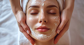 a woman with face cream on her face receiving a facial massage